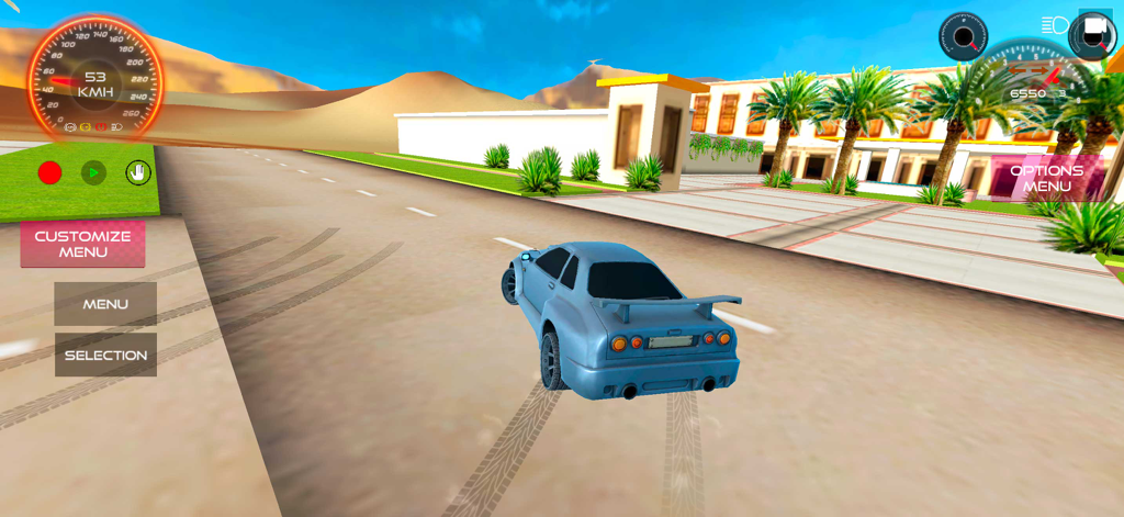 Extreme Car Driving 2 - Un auto deportivo azul derrapando en una carretera abierta con palmeras y un velocímetro superpuesto en Extreme Car Driving 2