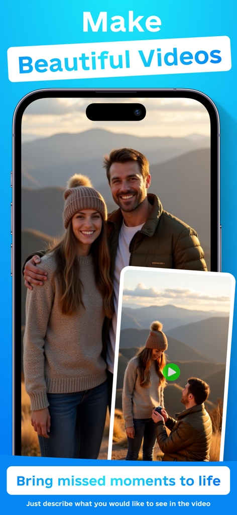 My Video AI - Image To Video - A mobile app interface demonstrating how My Video AI transforms a static photo of a couple into a video of a romantic proposal