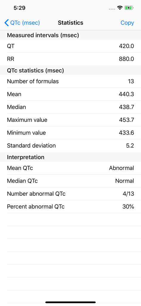 EP QTc - Schermata di analisi statistica dell'app EP QTc che mostra intervalli QT corretti medi e mediani e interpretazione clinica