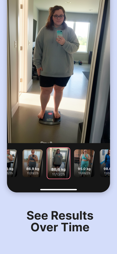 GLP-1 Tracker Mounjaro: Mingo - Mingo app interface showing a visual weight loss journey with progress photos and weight data over time