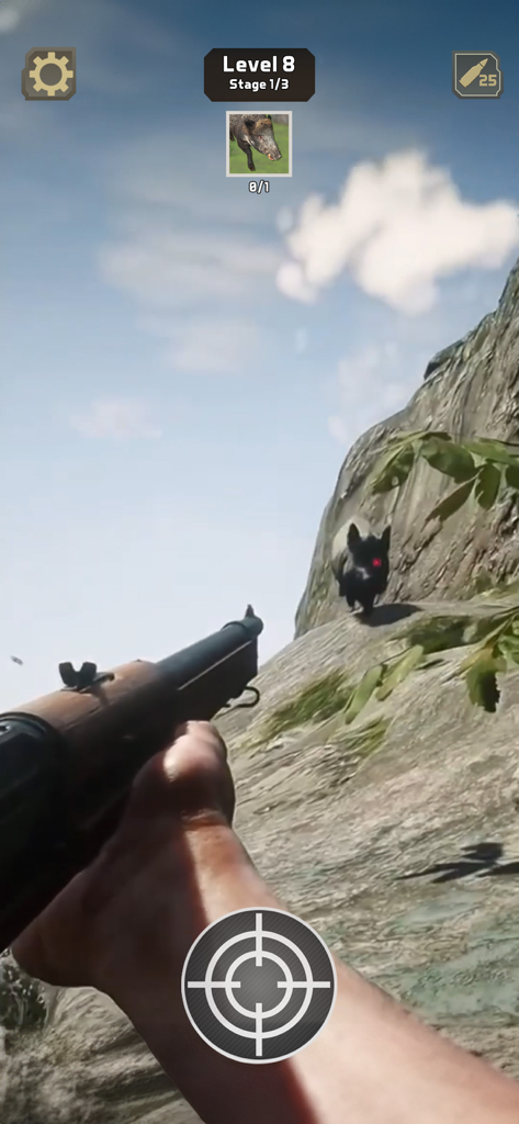A first person view of a player aiming a rifle at a wild boar on a rocky mountain slope.