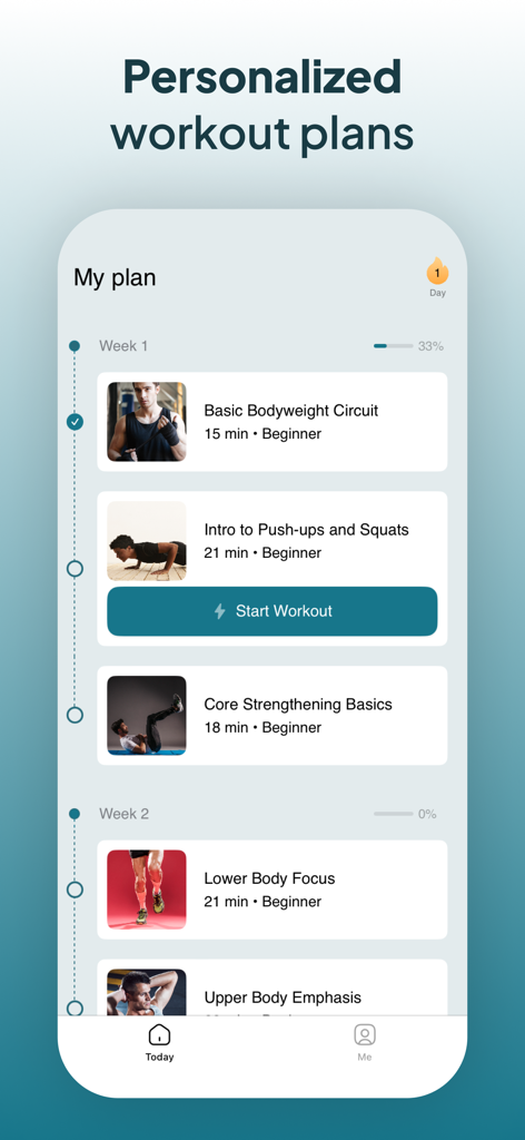 Calisthenics workout challenge - Pantalla de smartphone mostrando un plan de entrenamiento de calistenia semanal con ejercicios como circuitos de peso corporal y fortalecimiento del core para principiantes.