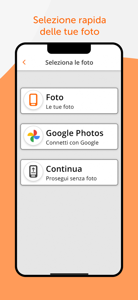 Photocity Studio - Stampa foto - Interfaccia smartphone di Photocity Studio che mostra le opzioni per selezionare foto dal dispositivo o da Google Foto