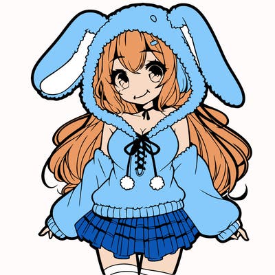 pretty anime girl wearing a fluffy hoodie with bunny ears on the hood and a skirt