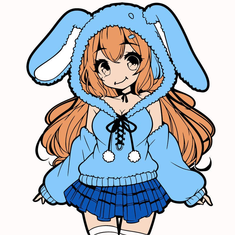 pretty anime girl wearing a fluffy hoodie with bunny ears on the hood and a skirt
