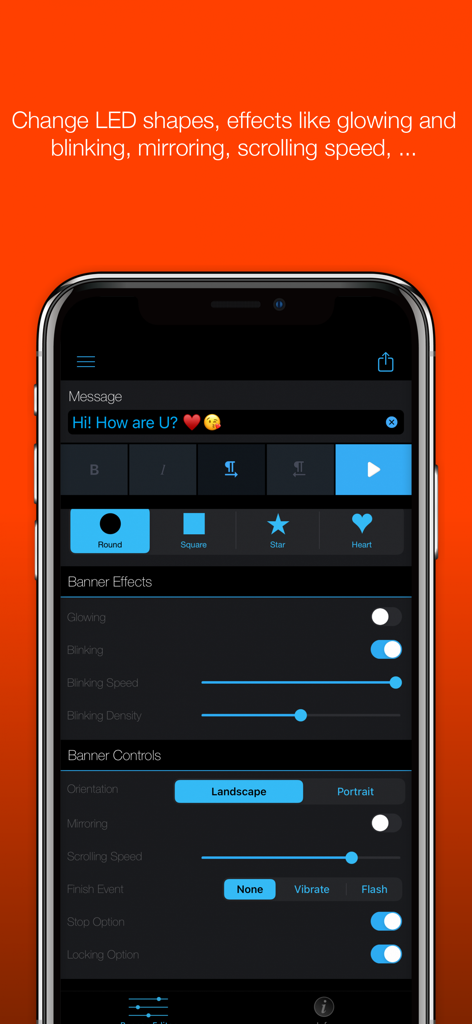 Interfaz de la app LED Banner Pro mostrando ajustes de personalización del letrero, incluyendo formas de LED, efectos de brillo y velocidad de desplazamiento