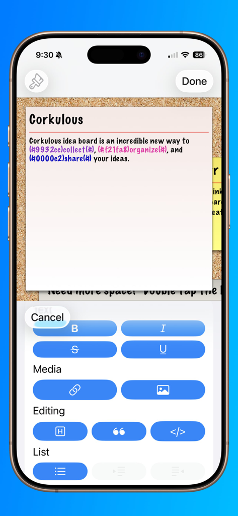 Corkulous - Your Ideas - iPhone screen showing rich text editing and media attachment tools for a note on a digital corkboard in Corkulous.