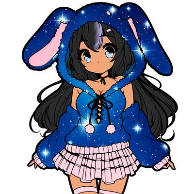 pretty anime girl wearing a fluffy hoodie with bunny ears on the hood and a skirt