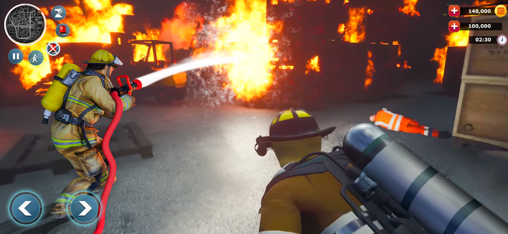 Firefighter using a high pressure hose to extinguish a large fire in a 3D simulation rescue game
