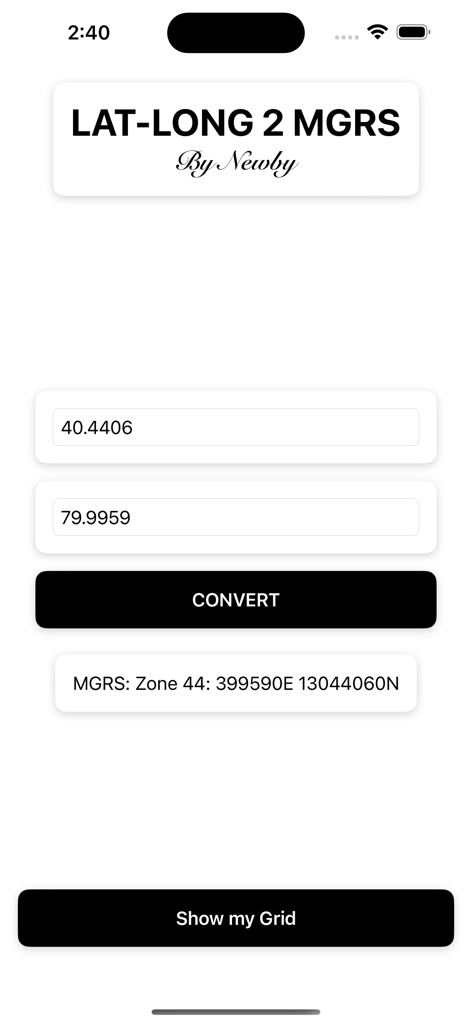 Mobile interface of LAT-LONG2MGRS app converting latitude and longitude to military grid reference system coordinates