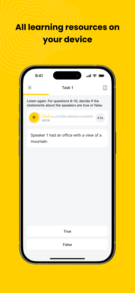 English listening exercise on the Inter Nation Student app with true or false questions