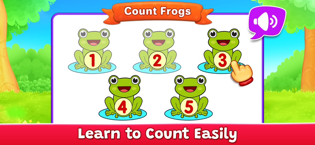 Educational counting game for kids featuring five numbered frogs on lily pads
