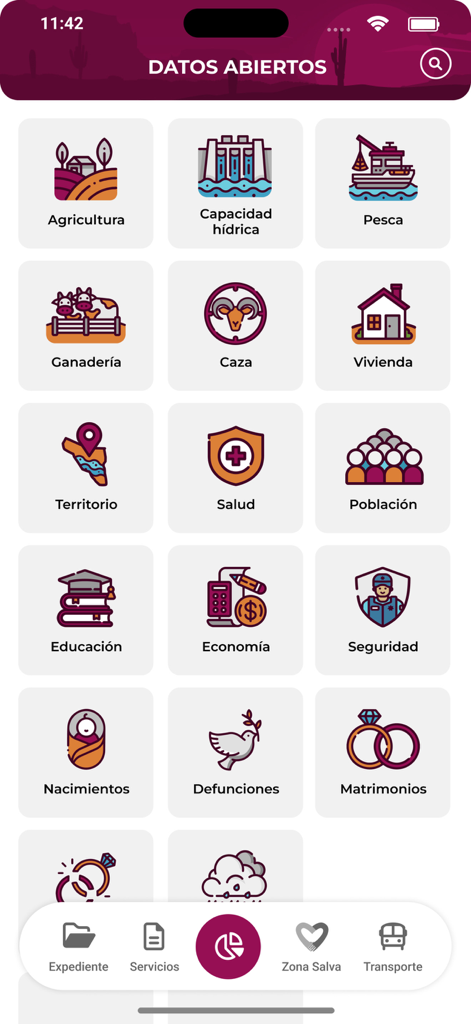Sonora Digital - Interface of the Sonora Digital app displaying various government service categories such as health education and housing