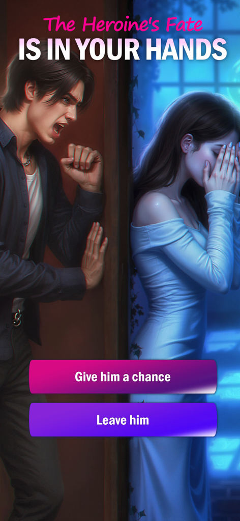 Senses - Choose Romance Story - ゲームのボタンでチャンスを与えるか、彼を見捨てるかという選択肢がある中、怒った男性が叫んでいる間に泣いている女性。