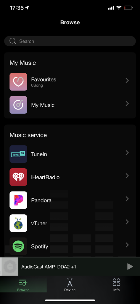 AudioCast - Screenshot of the AudioCast app browse menu showing integrated music services like Spotify and iHeartRadio