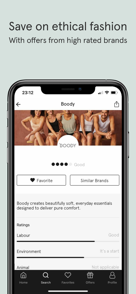 Good On You – Ethical Ratings - A mobile screen from the Good On You app showing an ethical rating for the fashion brand Boody with scores for labour and environment