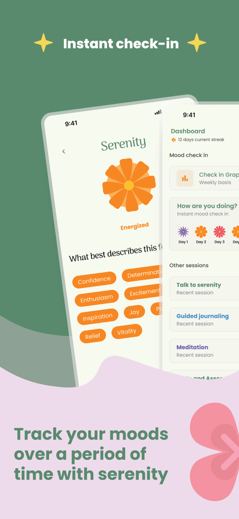 Serenity app interface for instant mood check-in and wellness dashboard.
