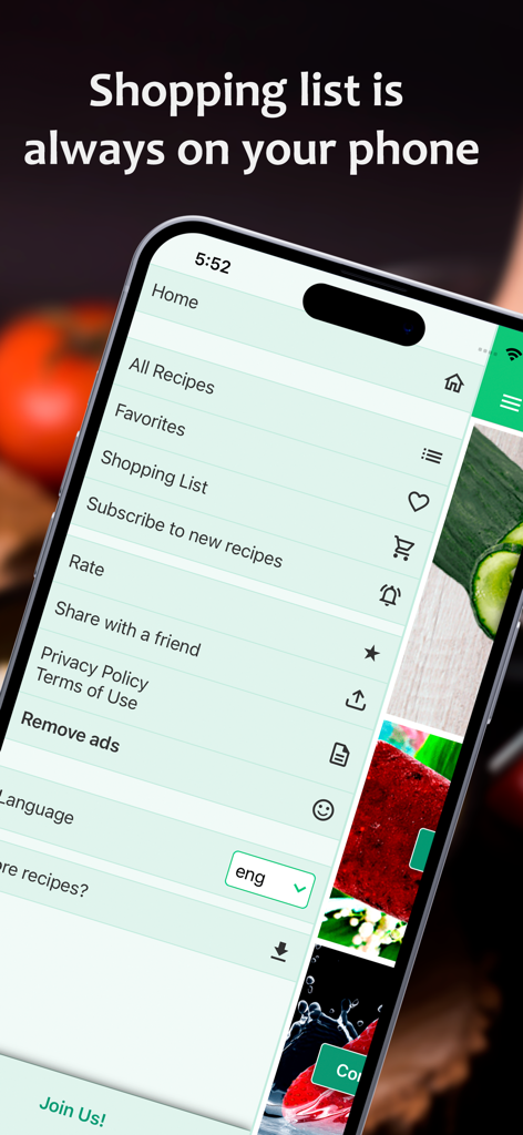 휴대폰의 건강한 음식 레시피 앱 탐색 메뉴에 쇼핑 목록 기능이 표시됩니다.