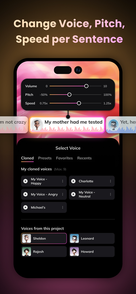 Interface of Vozo AI app showing sentence level voice pitch and speed settings with cloned voice options