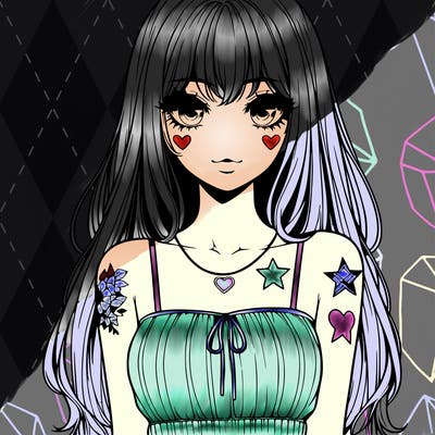realistic anime girl with long hair star heart tattoos with a simple fabric dress with full lips