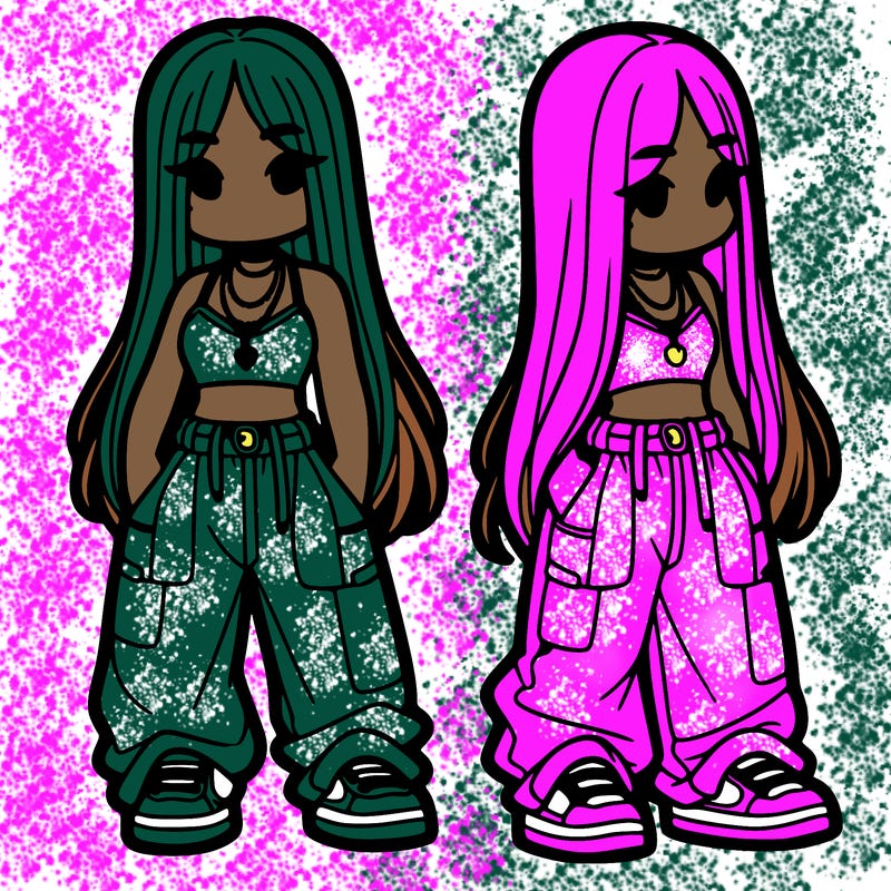 girl in baggy pants crop top and long hair