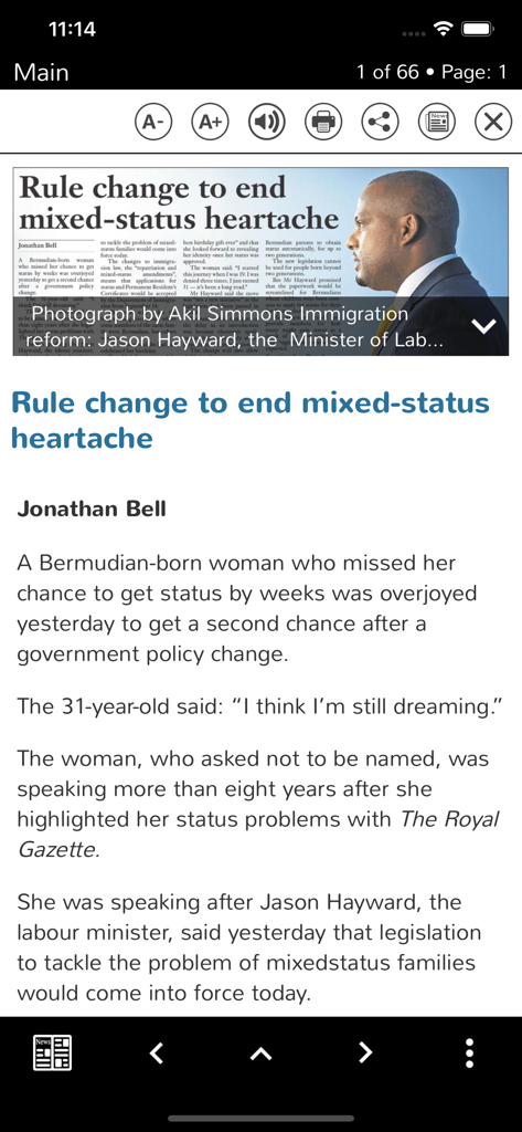 Royal Gazette eEdition - Digital news article interface on the Royal Gazette eEdition app featuring a local Bermuda news story