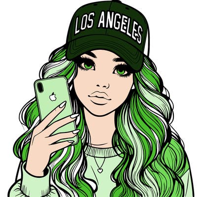 realistic beautiful girl wearing los ángeles cap holding an iphone