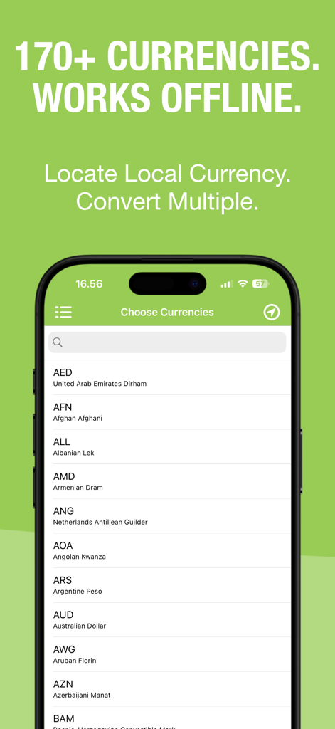 Currency Converter • Valuta+ - Valuta plus app screenshot showing a searchable list of over 170 global currencies for offline conversion
