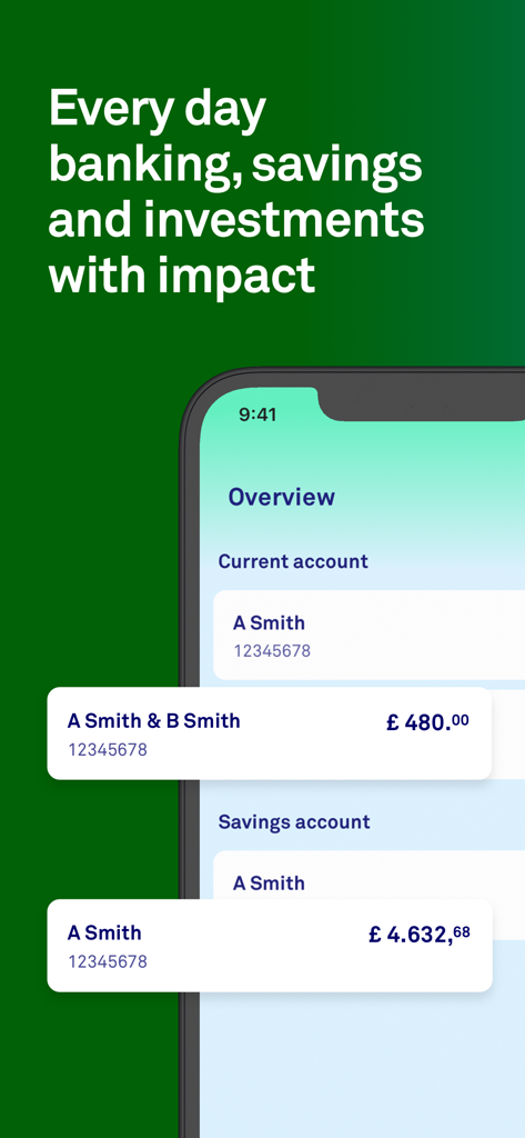 Triodos Bank UK - Triodos Bank UK app interface showing current and savings account balances on a mobile screen