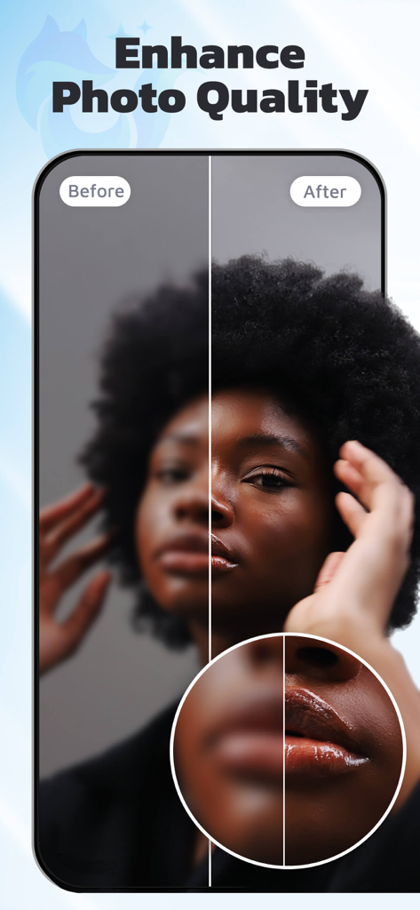 Before and after comparison of a blurry portrait sharpened with EnhanceFox AI photo quality enhancer