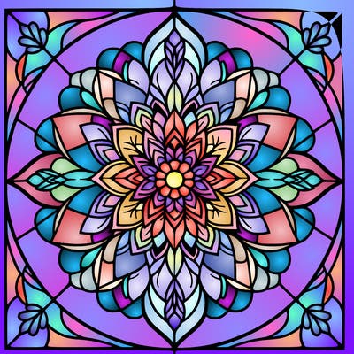 mandala flower design, stained glass window.