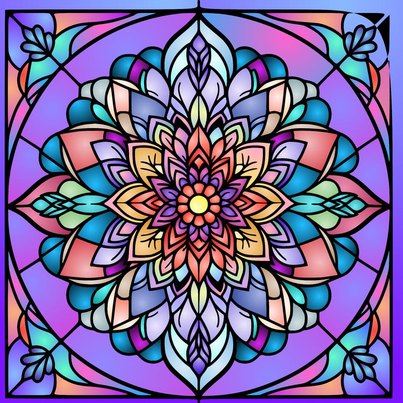 mandala flower design, stained glass window.