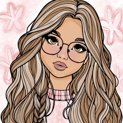 girl with long hair and freckles and glasses realistic