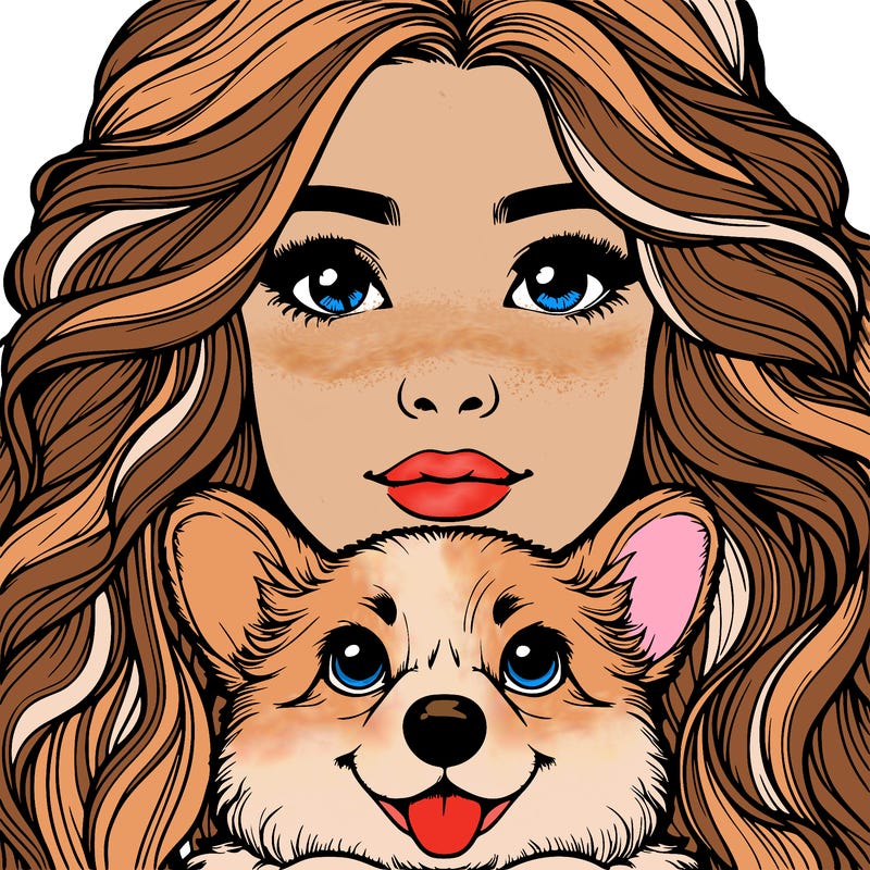 realistic girl face with a nose and wavy hair and a corgi dog in her arms