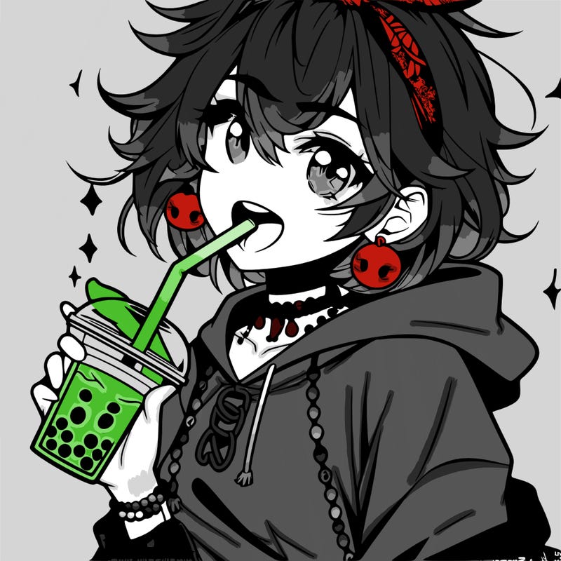 hot baddie anime girl drinking boba and biting the straw