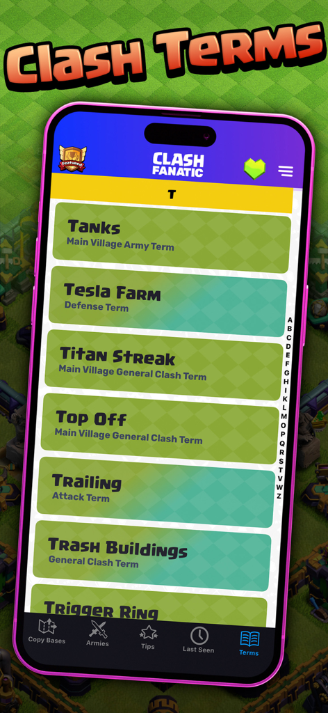 CoC Fanatic for Clash of Clans - Pantalla de la aplicación CoC Fanatic que muestra un glosario de términos y definiciones del juego Clash of Clans