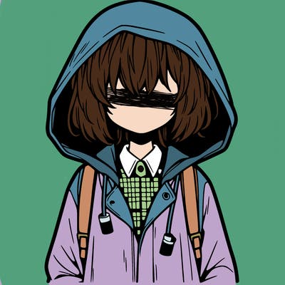 little anime girl in a raincoat her hair is covering her eyes she has a lighter