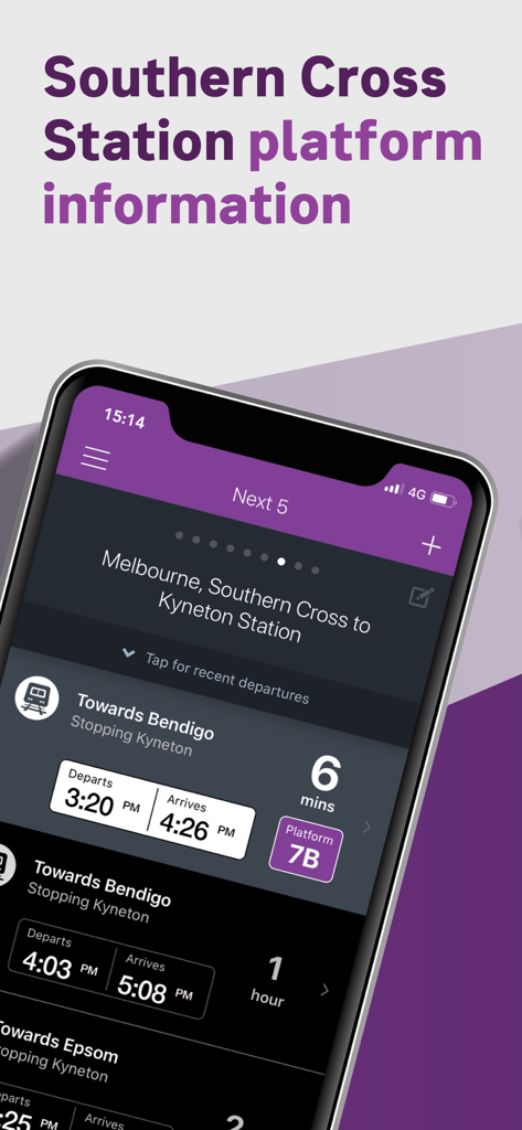 V Line app showing Southern Cross Station train departures and platform details