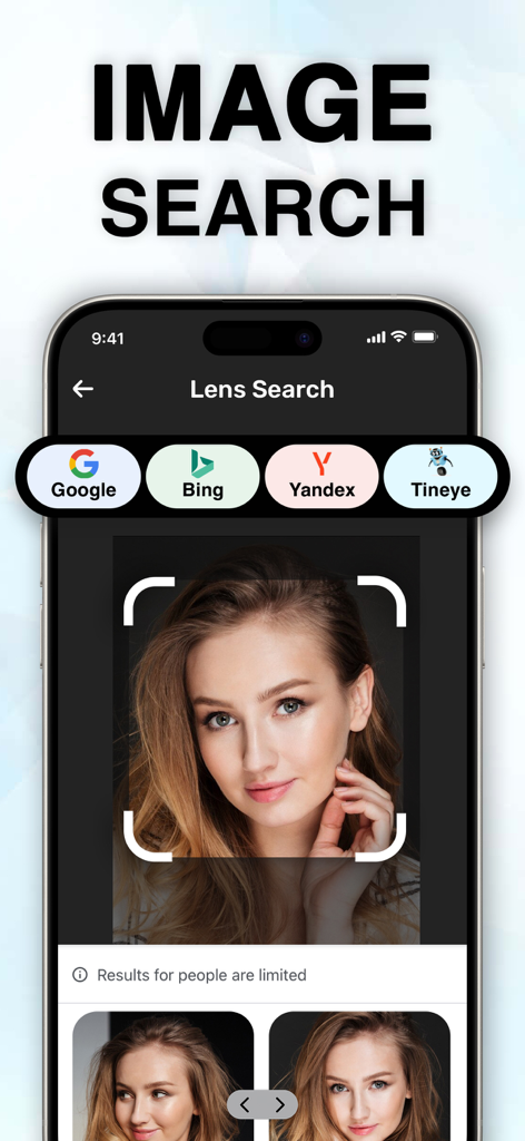 Lens Scan App-Bildschirm zeigt eine visuelle Suche nach einem Gesicht mit Optionen zur Suche über Google, Bing, Yandex und Tineye.