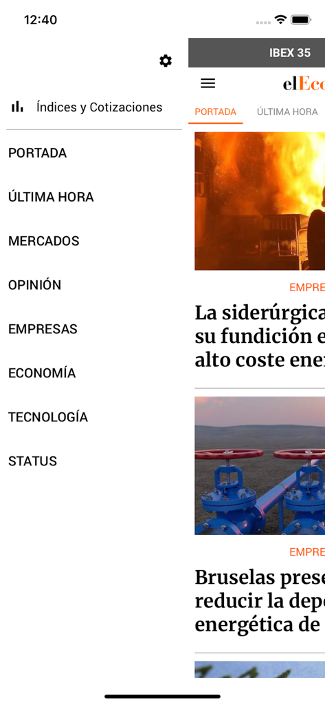 elEconomista.es - Interface of the elEconomista mobile app showing the navigation sidebar menu with categories like Markets and Economy.