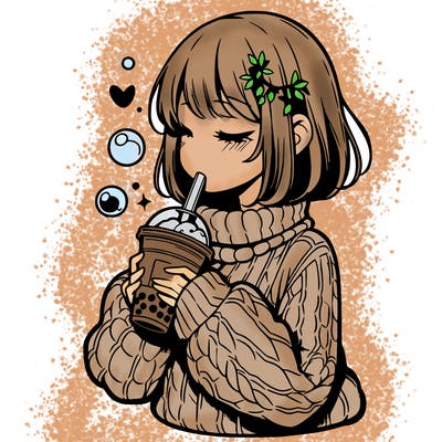 manga girl drinking boba in cozy sweater