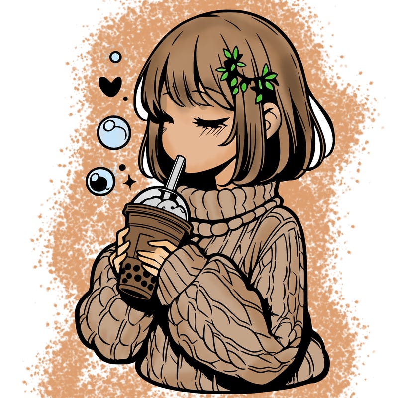 manga girl drinking boba in cozy sweater