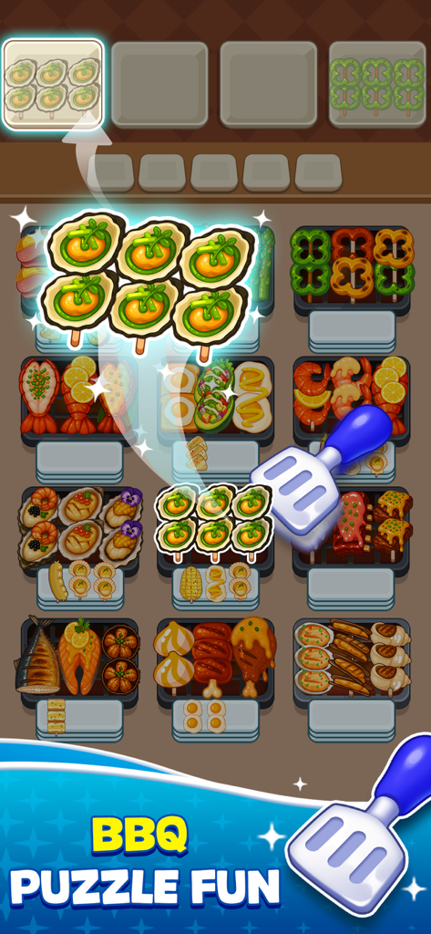 Skewer Jam: Food Games - A mobile game interface showing grilled oyster skewers being sorted into boxes as part of a BBQ themed puzzle