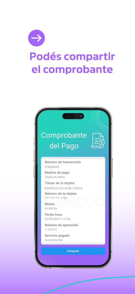 Che Dúo Digital - Recibo de pago digital en la pantalla de un smartphone que muestra los detalles de la transacción en Guaraníes paraguayos para la aplicación Che Duo Digital.