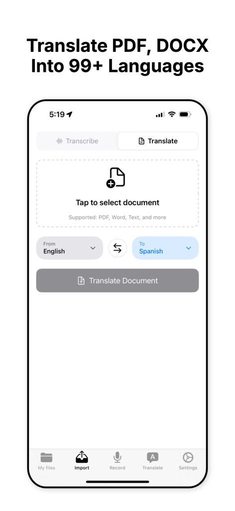 Cockatoo AI Note Taker mobile app screen showing options to translate PDF and DOCX files into 99 plus languages.