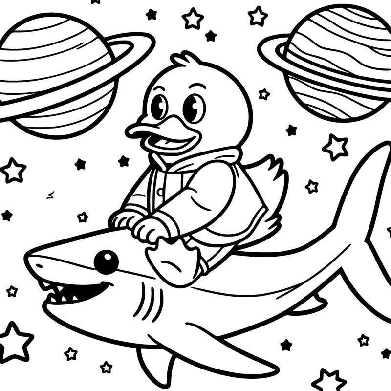 duck riding a shark in the solar system