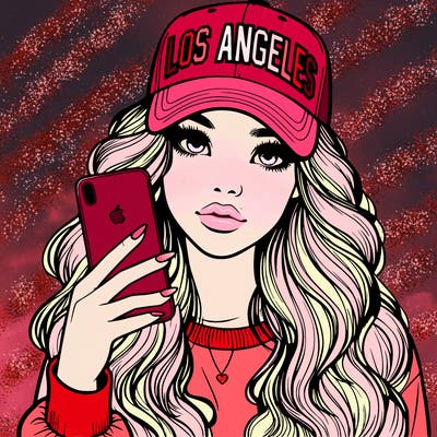 realistic beautiful girl wearing los ángeles cap holding an iphone