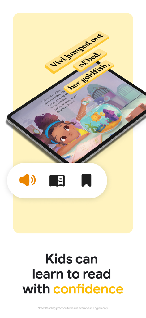 Une tablette affichant un livre pour enfants avec des surlignages de mots et des outils de lecture pour aider les enfants à apprendre à lire en toute confiance