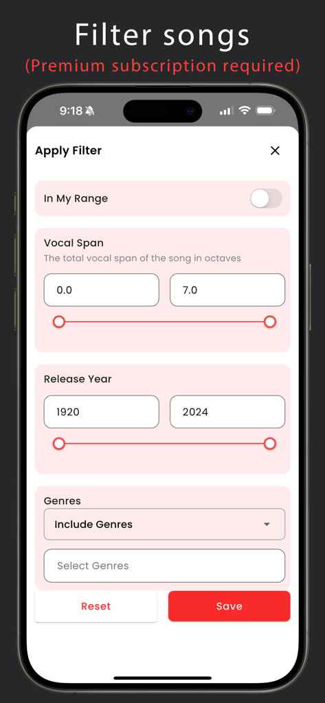 보컬 음역, 출시 연도 및 장르별로 노래를 필터링하는 보컬 게이지 앱