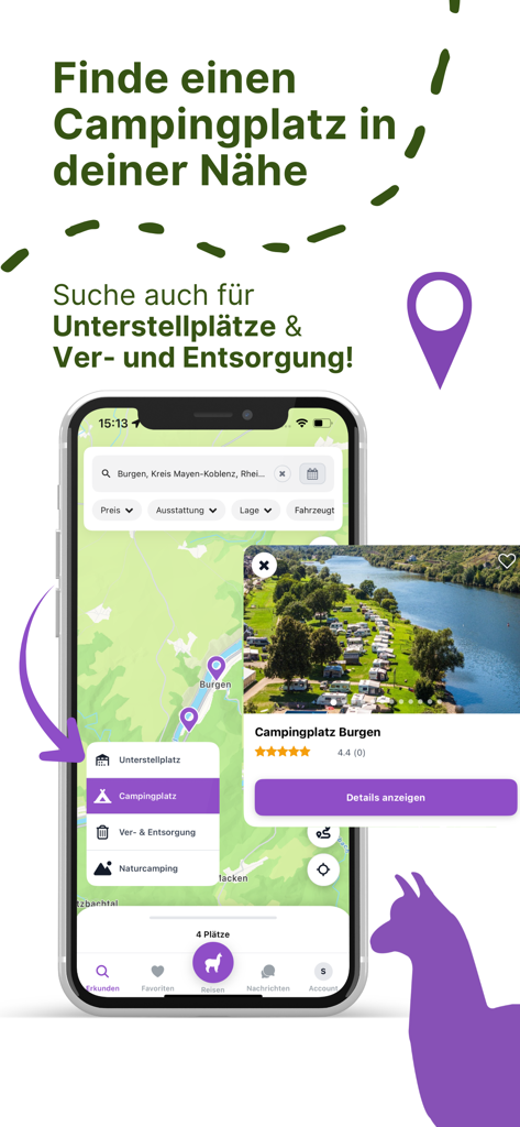 Alpaca Camping App - Smartphone screen showing the Alpaca Camping app map interface with available campsites and search filters